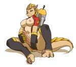  2014 anthro breasts brown_skin claws dickgirl digital_media_(artwork) dinosaur erection genesis_(kabier) gloves horn intersex jacket kabier kittydee masturbation nipples penis pyro raptor scalie solo 