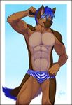  abs anthro biceps black_nose black_pawpads blue_eyes blue_hair boxer_briefs brown_fur bulge canine claws clothed clothing dog feralise flexing fur hair half-dressed looking_at_viewer male mammal muscles pawpads paws pecs pose smile solo standing toned topless underwear 