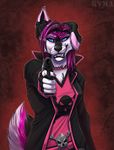  anthro blue_eyes blue_sclera canine chest_tuft clothing collar devanea female fur gun hair holding_weapon kyma looking_at_viewer mammal pistol ranged_weapon skull_and_crossbones slit_pupils sneer solo spolf tuft weapon 