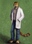  bare_chest blue_eyes feline key labcoat leopard male mammal scientist solo standing ykoriana 