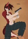  2014 abs anthro biceps canine clothed clothing cynfall digital_media_(artwork) fluff-kevlar fur gun hair half-dressed knife male mammal necklace ranged_weapon smile solo standing toned topless weapon wolf 