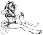  3_toes anthro bikini_top breasts cleavage clothed clothing eyewear female flynn glasses hair horn lindwurm long_hair looking_at_viewer lounging monochrome predaguy scalie shorts sitting smile solo the_legend_of_zelda toes video_games 