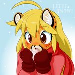  blonde_hair cheetah chibi coat cold cute feline female frost gloves hair mammal mihari mitten nekonny solo winter 