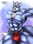  abs anthro biceps big_muscles black_nose blue_fur bulge canine chest_tuft clothed clothing fundoshi fur hair half-dressed kion_(artist) male mammal muscles nintendo pecs pose purple_eyes scar solo standing star_fox toned topless tuft underwear video_games white_fur white_hair wolf wolf_o&#039;donnell 