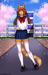  2014 anthro cat crossdressing eliana-asato feline ginger girly green_eyes hair legwear male mammal orange_hair outside sakura school shy skirt sky solo standing stockings 