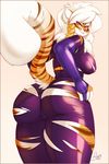  2014 big_breasts big_butt braided_hair breasts butt buxbi buxbi_(character) camel_toe clothing feline female fur hair looking_at_viewer looking_back mammal nipples orange_fur presenting rubber solo stripes thick_thighs tiger torn_clothing voluptuous white_hair yellow_eyes 