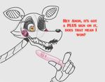  anthro blush canine english_text female five_nights_at_freddy&#039;s five_nights_at_freddy&#039;s_2 fox glowing glowing_eyes humor lipstick mammal mangle_(fnaf) mechanical pregnancy_test solo teeth text yellow_eyes 