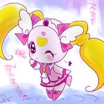  blowing_kiss blush candy_(pretty_cure) fairy female japanese looking_at_viewer one_eye_closed pretty_cure rurito0725 sailor_uniform solo text translation_request wink 
