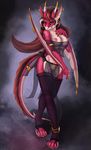  2014 abstract_background anthro breasts claws clothed clothing digitigrade dragon ear_piercing female furry-specific_piercing harem_outfit horn horn_piercing jewelry legwear looking_at_viewer merrunz nipples piercing pussy scalie skimpy solo stockings tail_jewelry winged_arms wings wyvern 