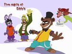  animatronic anthro avian bear bird bonnie_(fnaf) canine chica_(fnaf) chicken crossover ed_edd_n_eddy english_text five_nights_at_freddy&#039;s fox foxy_(fnaf) freddy_(fnaf) group hat hook lagomorph looking_at_viewer machine male mammal mechanical microphone rabbit robot smile teeth text vrappi 