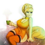  2014 anthro anthrofied aunt_orange_(mlp) avante92 big_breasts blonde_hair blue_eyes breasts cleavage clothed clothing cup dress earth_pony equine female friendship_is_magic fur hair horse legwear mammal my_little_pony pony solo tan_fur thigh_highs 