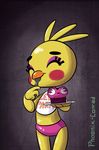  anthro avian beak bib blush cross-eyed cupcake cupcake_(fnaf) cute eating english_text eyes_closed female five_nights_at_freddy&#039;s five_nights_at_freddy&#039;s_2 food fork machine mechanical open_mouth phoenix-conrad_(artist) robot solo text toy_chica_(fnaf) 