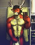  abs anthro antlers bgn biceps body_hair cervine chest_hair deer facial_hair facial_piercing fur hairy hat horn male mammal muscles nipples nose_piercing nude pecs piercing pubes smile solo standing towel 