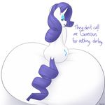  2014 anthro anthrofied ball_sitting balls big_balls blue_eyes cutie_mark dialogue dickgirl english_text equine eyeshadow friendship_is_magic fur hair horn hyper hyper_balls intersex lamiaaaa looking_back makeup mammal my_little_pony plain_background purple_hair rarity_(mlp) solo text unicorn white_background white_fur 