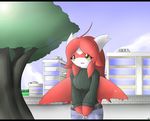  belt bigger_version_at_the_source building chibi clothing eyelashes female fence hair jeans latiar latias markings nintendo open_mouth outside pockets pok&eacute;mon red_body red_hair solo sweater tree video_games yellow_eyes young 