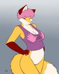  2014 anthro big_breasts blue_eyes bottomless breasts brown_fur canine clothed clothing female fluffy_tail fox fur hair half-dressed looking_at_viewer mammal markings nipple_bulge nipple_bumps orange_fur pink_hair shirt smile socks_(marking) solo standing starfighter tank_top white_fur 