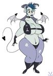  anthro big_breasts black_lips blue_hair breasts chubby cleavage clothed clothing demon female fingerless_gloves gloves hair horn humanoid lips lipstick navel red_eyes slb solo succubus thick_thighs wide_hips wings 