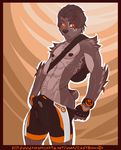  abs abstract_background anthro bag biceps black_hair black_nipples black_nose bulge canine castbound chest_tuft clothing dog fur gloves glowing glowing_eyes grey_fur hair looking_at_viewer male mammal muscles nipples orange_eyes pecs pose shorts solo standing toned topless tuft watch 