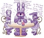  &lt;3 animatronic anthro blush bonnie_(fnaf) bow candle chair cupcake cupcake_(fnaf) cute dress english_text fangs female five_nights_at_freddy&#039;s food group hair lagomorph machine mammal mechanical open_mouth personification pink_hair plain_background rabbit robot size_difference snaxattacks square_crossover table teacup text white_background 