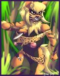  2014 absurd_res anthro anthrofied arcanine big_breasts black_fur black_nose blonde_hair breasts brown_eyes canine dagger ear_piercing female fur hair hi_res jungle mammal nintendo nipple_piercing nipples orange_fur piercing plankboy pok&eacute;mon pok&eacute;morph pussy solo stripes teeth video_games weapon 