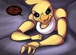  2014 animatronic avian bird breasts chicken cleavage clothed clothing english_text female five_nights_at_freddy&#039;s five_nights_at_freddy&#039;s_2 jaeh machine mechanical robot smile solo text toy_chica_(fnaf) 