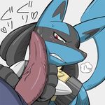  &lt;3 2014 ambiguous_gender angry blue_fur blush duo edit erection faceless_male fur grey_background japanese_text lucario male nintendo paws penis plain_background pmkuninashi pok&eacute;mon precum red_eyes reluctant solo_focus spikes sweat tan_fur tears teeth text vein video_games 