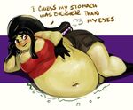  belly big_belly big_breasts breasts clothing cowsers dialogue english_text female mawile nintendo obese overweight plain_background pok&eacute;mon red_eyes solo stuffing teeth text video_games weight_gain 