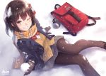  anthropomorphism brown_eyes brown_hair d-style_wed failure_penguin gloves kantai_collection pantyhose scarf seifuku sendai_(kancolle) short_hair skirt snow watermark wink 