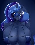  anthro big_breasts black_lipstick blue_background blue_eyes blue_fur blue_hair breasts cbatie11 clothing ear_piercing equine feathers female friendship_is_magic fur hair hi_res horn huge_breasts lipstick long_hair looking_at_viewer mammal my_little_pony navel piercing plain_background princess_luna_(mlp) smile solo standing winged_unicorn wings 