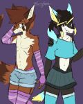  ailurid arm_warmers armwear booty_shorts canine clothed clothing dog eyewear fully_clothed furryafoxy girly glasses hybrid legwear male male/male mammal purple_background red_panda shorts simple_background skirt thigh_highs topless underwear wolf wolfdog 