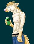  2014 anthro belt beverage blue_eyes claws clothed clothing drink_can fur godheadharley hair half-dressed hyena male mammal markings muscles nipples orange_hair pants pink_nose plain_background scar skull solo spots standing toned topless yellow_fur 
