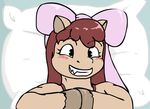  anthro bed bedroom blush bow brown_fur cute equine fangs female foxfoxplz fur hair horse inside mammal pillow pony red_hair smile young 