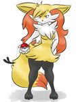  2014 5_fingers anthro big_ears blonde_hair braixen breasts canine chest_tuft claws female fox fur godheadharley hair inner_ear_fluff looking_at_viewer mammal nintendo orange_eyes orange_nose plain_background pointy_ears pok&eacute;ball pok&eacute;mon smile solo stick tuft video_games white_background yellow_fur 