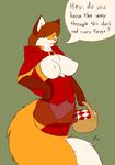  2014 anthro basket big_breasts breasts brown_fur brown_hair canine clothed clothing corset dialogue exposed female fluffy_tail fox fur green_eyes hair half-dressed hood little_red_riding_hood little_red_riding_hood_(copyright) looking_at_viewer mammal open_mouth orange_fur partially_clothed plain_background skimpy smile solo standing starfighter topless white_fur 
