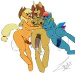  5_fingers after_sex animal_genitalia anthro anthrofied applejack_(mlp) areola big_penis blonde_hair blue_body blue_eyes blue_penis blush bottomless breasts brown_hair clothed clothing color cum cum_inflation cum_inside cum_leak cum_on_face cum_on_penis cum_on_stomach cum_on_tongue cum_pool dickgirl equine excessive_cum fan_character fishnet friendship_is_magic green_eyes group group_sex hair half-closed_eyes half-dressed hat horn horse horsecock huge_penis impregnation inflation intersex lyndoi227 mammal multicolored_hair my_little_pony nipples nude open_mouth orange_body orange_penis penis plain_background pony rainbow_dash_(mlp) rainbow_hair red_eyes sex teeth threesome tongue tongue_out topless two_tone_hair vein veiny_penis white_background wings 