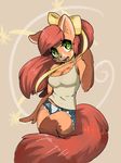  abstract_background acharmingpony_(artist) bow breasts clothing expression female green_eyes hair open_mouth panties red_hair shirt shorts smile solo tank_top tongue torn_clothing underwear 