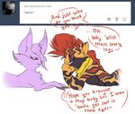  anthro anthrofied ask_blog beelzemon_(artist) dialogue duo eeveelution english_text espeon eye_contact fan_character female flirting ga&euml;l_the_scrafty glaring lying male mohawk nintendo on_front pick-up_line pok&eacute;mon ponification scrafty stripes text video_games 