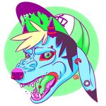  2014 alpha_channel ambiguous_gender anthro black_hair blonde_hair blue_fur clothing ear_piercing facial_piercing fur godheadharley green_background green_eyes hair hat horn looking_at_viewer mammal multicolored_hair nose_piercing open_mouth piercing plain_background psychedelic purple_nose septum_piercing snarling solo teeth tongue tongue_piercing transparent_background 