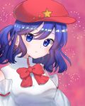  1girl bad_id bad_twitter_id bare_shoulders blue_eyes blue_hair bow bowtie breasts cabbie_hat detached_sleeves eyebrows_visible_through_hair eyelashes flat_cap hat hat_ornament label_girl_(dipp) looking_at_viewer mandarin_collar medium_breasts red_bow red_bowtie red_headwear red_neckwear sakura_smzm short_hair star_(symbol) star_hat_ornament touhou vest white_sleeves white_vest 