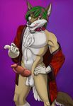  animal_genitalia anthro balls canine canine_penis collar coyote erection fur knot looking_at_viewer male mammal mojavecoyote muscles navel pecs penis robe sharp_teeth smile solo standing teeth tropicalpanda 