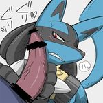  &lt;3 2014 ambiguous_gender angry blue_fur blush censored duo erection faceless_male fur grey_background japanese_text lucario male nintendo paws penis plain_background pmkuninashi pok&eacute;mon precum red_eyes reluctant spikes sweat tan_fur tears teeth text vein video_games 