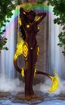  2014 anthro breasts eliana-asato female fire glowing horn nature nipples nude outside rainbow smile solo standing stones water waterfall yellow_eyes yellow_nipples 