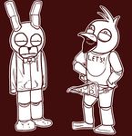  animatronic anthro avian bib bird bonnie_(fnaf) bow_tie chica_(fnaf) chicken clothing crisis-omega duo expression five_nights_at_freddy&#039;s food hoodie lagomorph machine male mammal mechanical pizza rabbit robot 