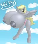  2014 anthro big_breasts blonde_hair breast_expansion breasts derp_eyes derpy_hooves_(mlp) english_text equine female friendship_is_magic fur grey_fur hair huge_breasts hyper hyper_breasts lamiaaaa looking_at_viewer mammal my_little_pony nipples pegasus solo text wings yellow_eyes 