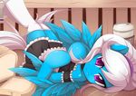  anthro bed bedroom_eyes blue_fur clothing coffee_cup equine fan_character feathers female fur hair hooves inside jinzhan legwear long_hair looking_at_viewer lying maid_uniform mammal my_little_pony pegasus pink_eyes smile solo stockings white_hair wings 