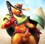  abs alpha0 ammunition balls belt bottomless canine cape clothed clothing cowboy cowboy_hat erection eye_patch eyewear fangs gloves gun half-dressed hat humanoid_penis jillas male mammal muscles penis poncho ranged_weapon sheath shotgun solo weapon 