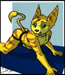  all_fours brown_nose bulge butt clothing fur green_eyes iudicium86 jockstrap licking licking_lips lombax looking_at_viewer male ratchet ratchet_and_clank shadow solo stripes tail_tuft tongue tongue_out topless tuft underwear video_games yellow_fur 