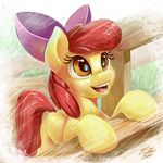  2014 apple_bloom_(mlp) bow cub earth_pony equine female fence feral friendship_is_magic fur grass hair happy horse mammal my_little_pony open_mouth outside pony red_hair solo teeth tsitra360 yellow_fur young 