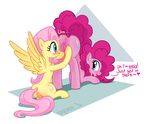  anus blue_eyes cutie_mark duo english_text equine female feral fluttershy_(mlp) friendship_is_magic fur green_eyes hair horse lesbian male mammal my_little_pony pegasus pink_fur pink_hair pinkie_pie_(mlp) plain_background pony presenting pussy stare syoee_b text wings yellow_fur 