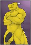  abraxis amwulf anthro bald balls biceps big_balls big_muscles big_penis black_penis crossed_arms dragon erection horn humanoid_penis looking_away male manly muscles navel nude pecs penis pose scales scalie smile solo spines standing thick_penis thick_thighs toned yellow_body yellow_eyes yellow_scales yellow_skin 